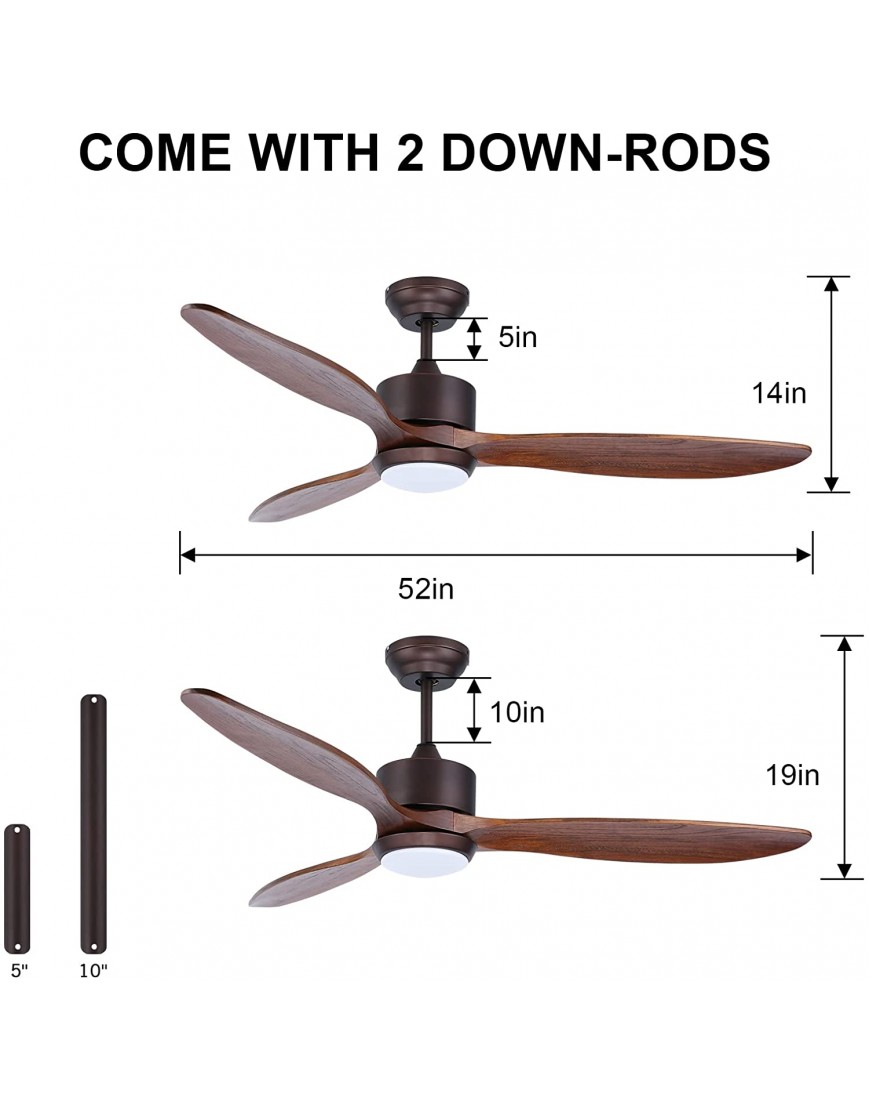 52 Inch Walnut Wood DC Motor Ceiling Fan with Light Dimmable LED Lighting & Large Propeller 6 Speed Quiet Ceiling Fan with Remote Control 3 Blades for Outdoor Farmhouse Patio Brown