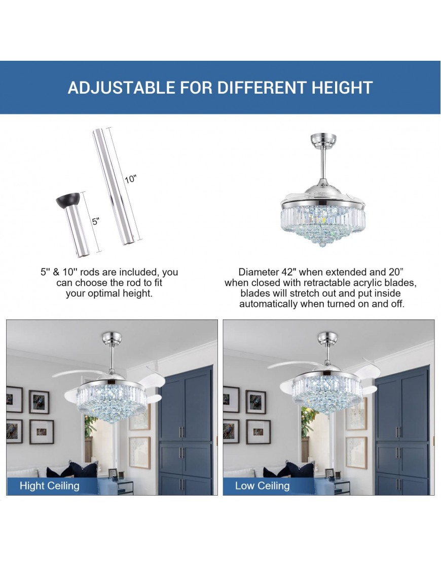 7PM Retractable Crystal Ceiling Fan with Light Modern Invisible Blades Chandelier Fan Remote Control Reverse Fandelier Ceiling Mounted Lighting Fixture for Living Room Bedroom 42 Chrome
