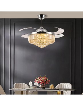 7PM Retractable Crystal Ceiling Fan with Light Modern Invisible Blades Chandelier Fan Remote Control Reverse Fandelier Ceiling Mounted Lighting Fixture for Living Room Bedroom 42" Chrome