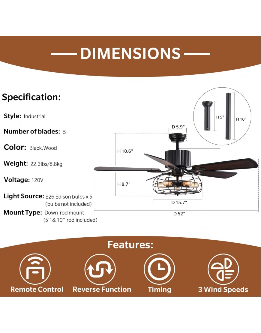 APBEAMLighting 52 Industrial Farmhouse Ceiling Fan Light with Remote Control Matte Black Retro Cage Pendant Lighting Fixture with 5 Reversible Wood Blades Indoor Chandelier Fans