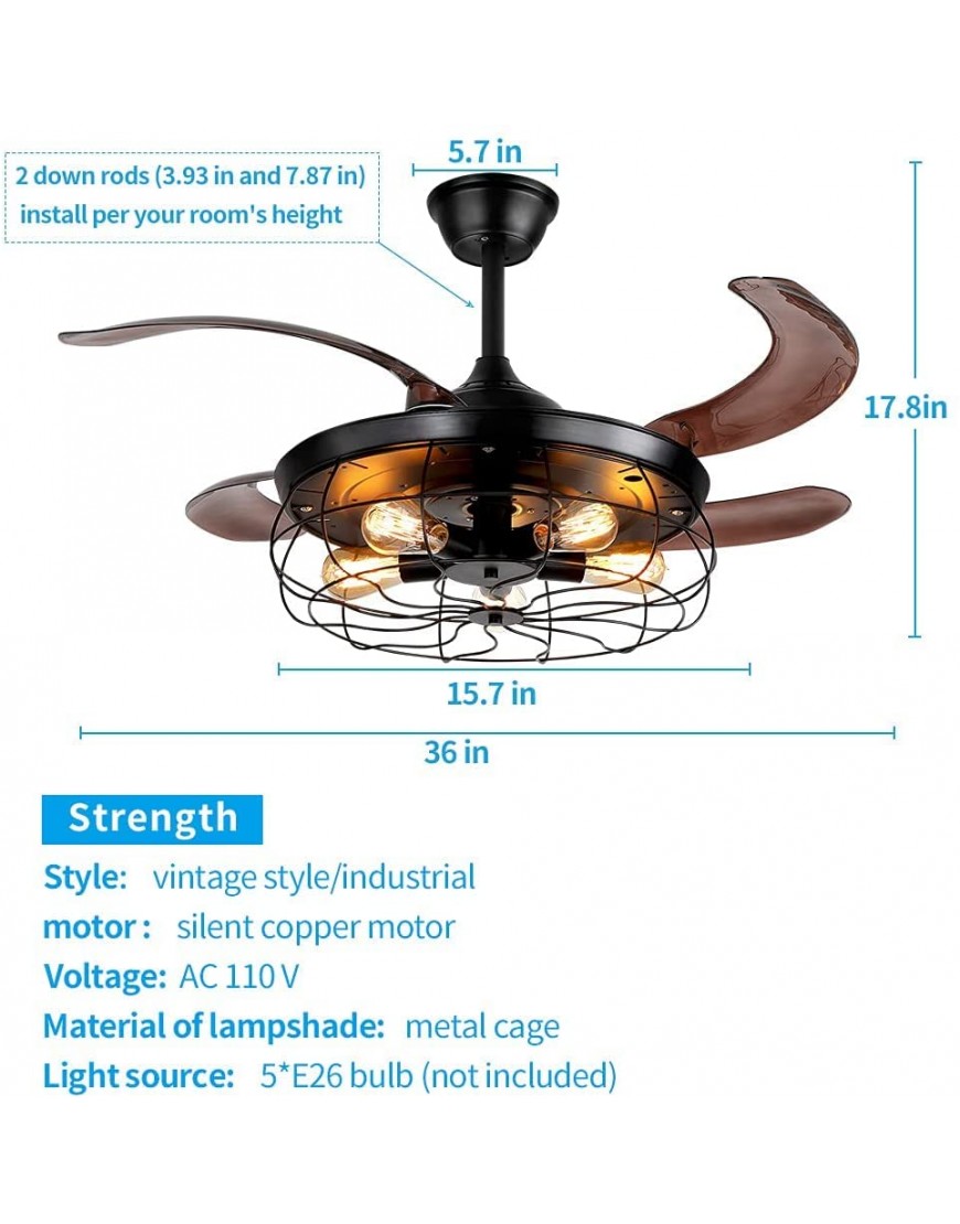 baoshilai 36 Inch Industrial Ceiling fan with lights remote control ,4 Retractable Blades lighting and ceiling fans Living Room Bedroom vintage industrial cage ,5 Edison Bulbs Not Included