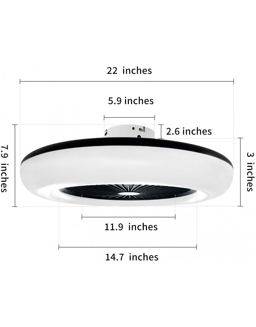 BDL Enclosed Ceiling Fan with Lights LED Warm Natural White Light 3 Color Dimmable Adjustable Wind 6 Speeds Timing Remote APP Control Modern 22 Inch Acrylic Low Profile Bedroom Living Room Black