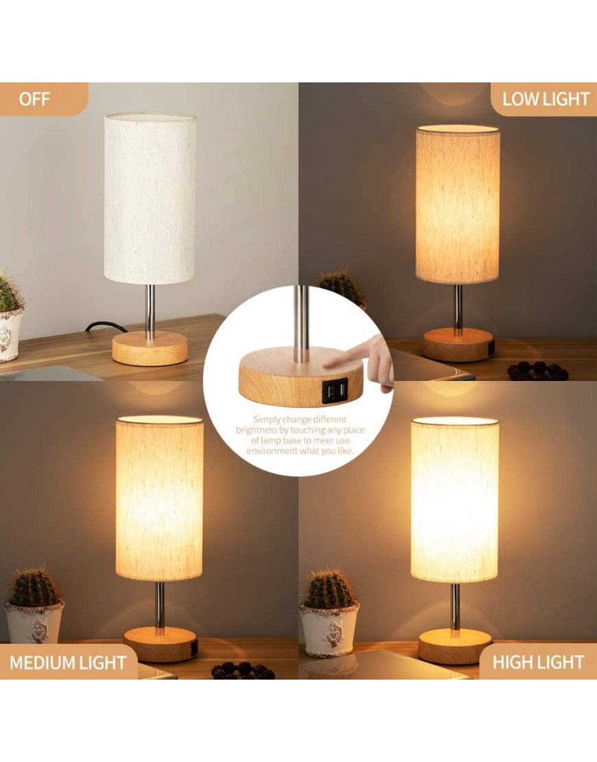 Bedside Lamp with USB Port Touch Control Table Lamp for Bedroom Wood 3 Way Dimmable Nightstand Lamp with Round Flaxen Fabric Shade for Living Room Dorm Home Office LED Bulb Included