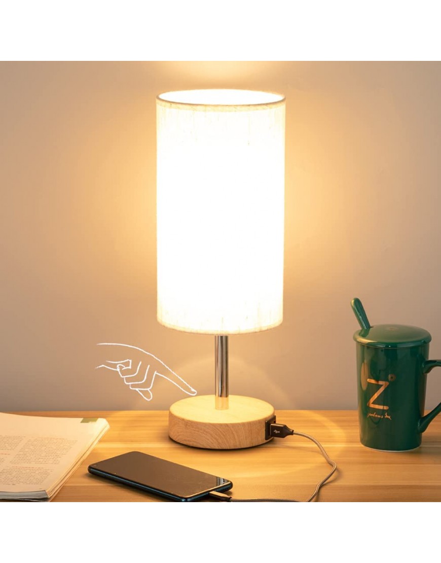 Bedside Lamp with USB Port Touch Control Table Lamp for Bedroom Wood 3 Way Dimmable Nightstand Lamp with Round Flaxen Fabric Shade for Living Room Dorm Home Office LED Bulb Included