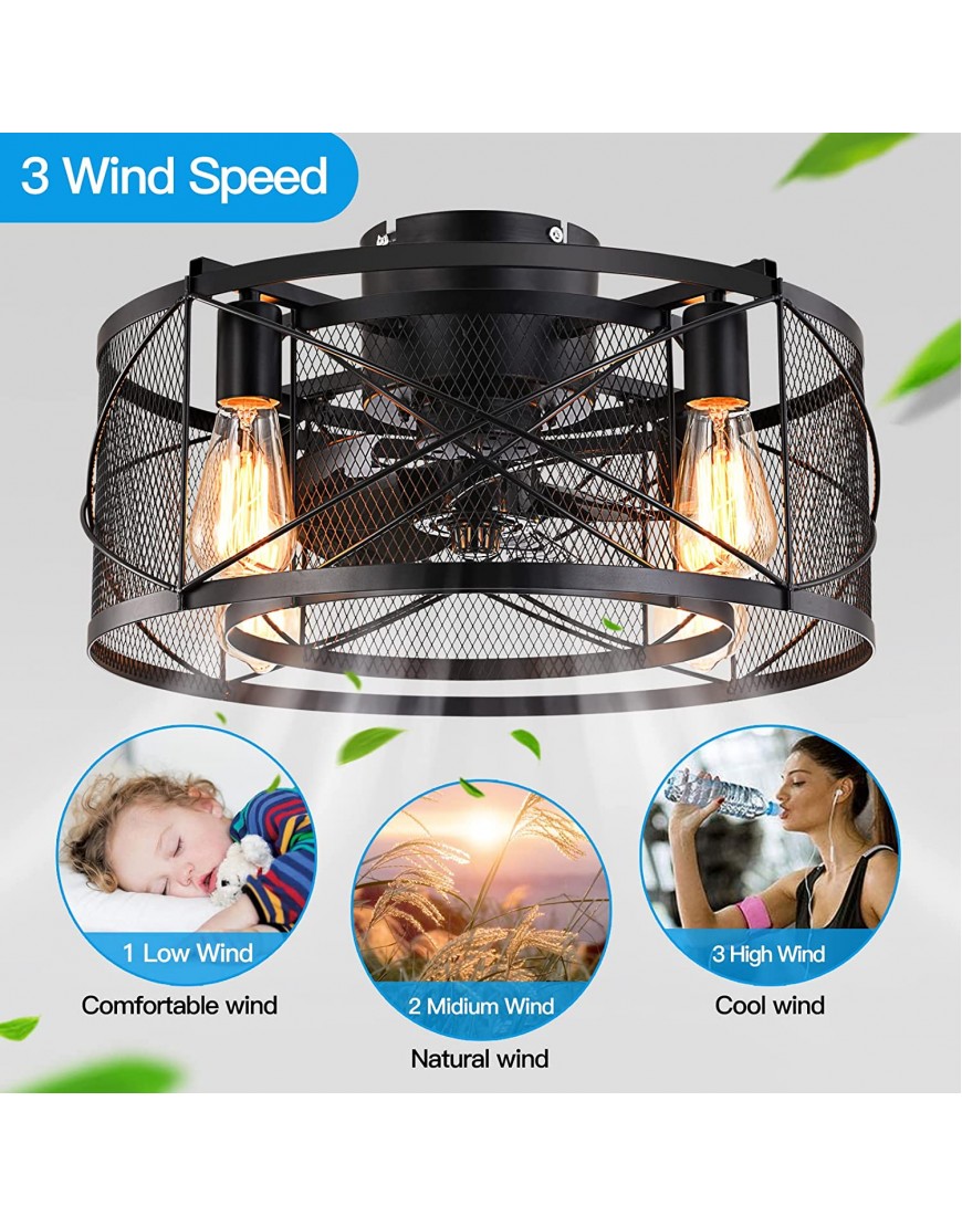 Caged Ceiling Fan with Light 20 In Ceiling Fan Lights with Remote 3 Speeds Adjustable Black Enclosed Farmhouse Industrial Flush Mount Ceiling Fan for Kitchen Bedroom