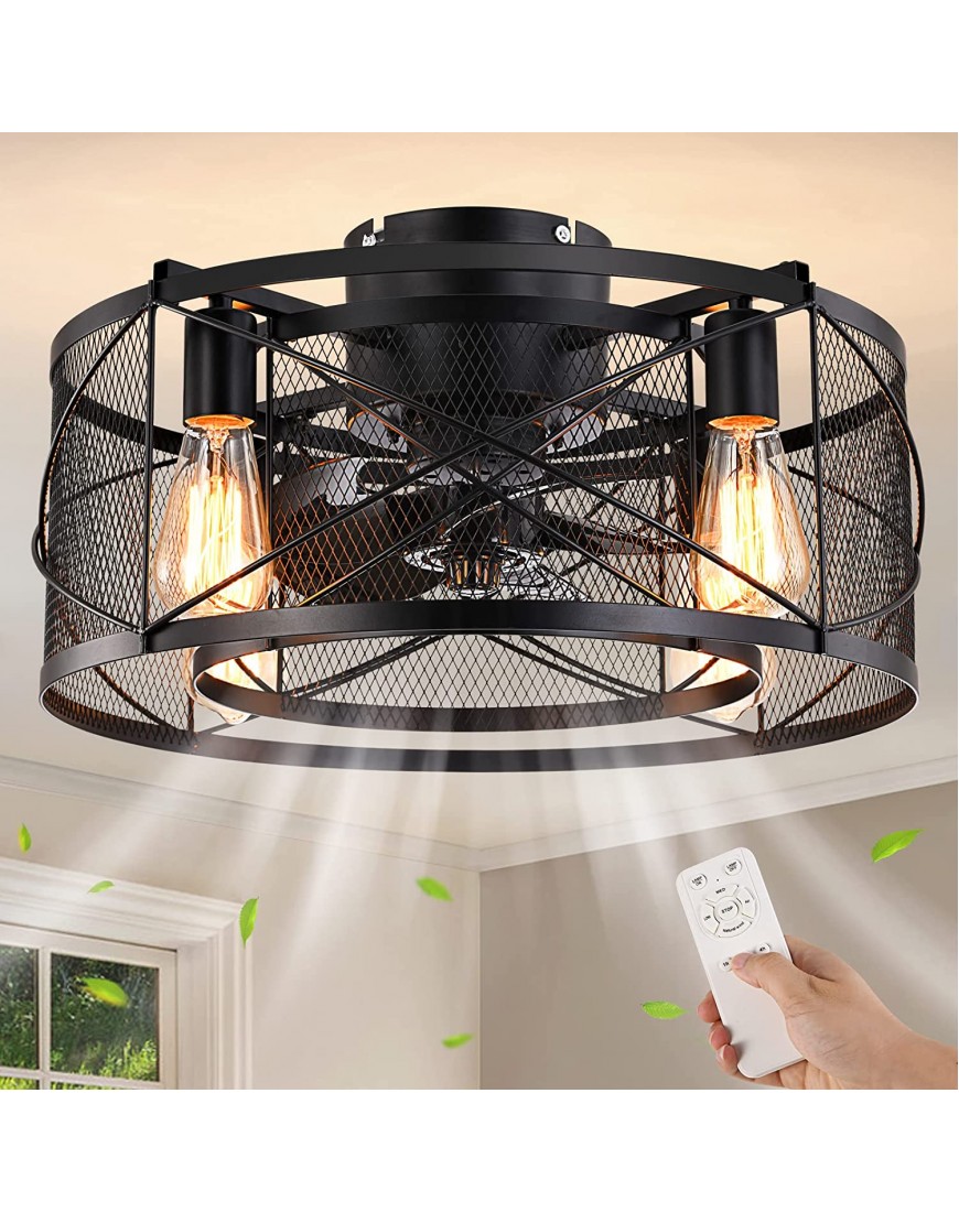 Caged Ceiling Fan with Light 20 In Ceiling Fan Lights with Remote 3 Speeds Adjustable Black Enclosed Farmhouse Industrial Flush Mount Ceiling Fan for Kitchen Bedroom