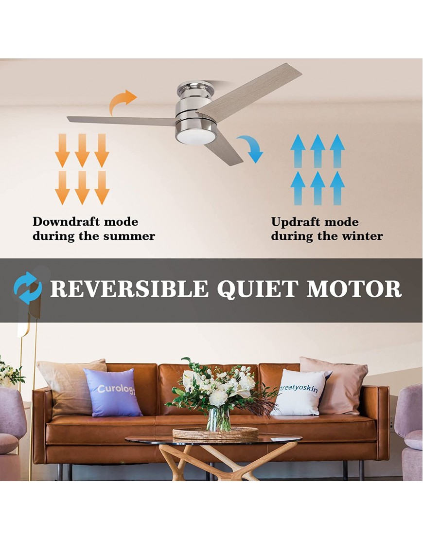 Ceiling Fan With Light 3 Blade 52 Inch Flush Mount Ceiling Fan Smart Control Work With Alexa Google Home Needs Neutral Wire No Hub Required|Reversible Motor|Schedule&Timer|3-Speed|Silver