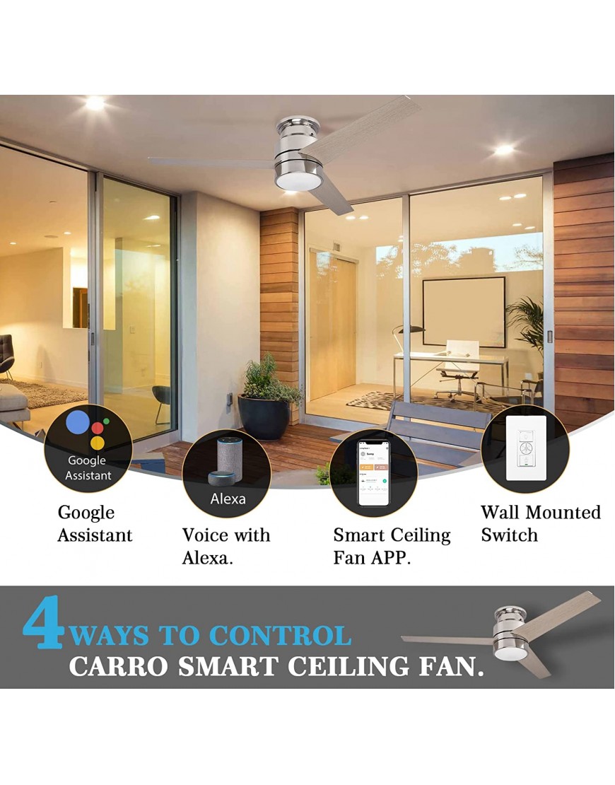 Ceiling Fan With Light 3 Blade 52 Inch Flush Mount Ceiling Fan Smart Control Work With Alexa Google Home Needs Neutral Wire No Hub Required|Reversible Motor|Schedule&Timer|3-Speed|Silver