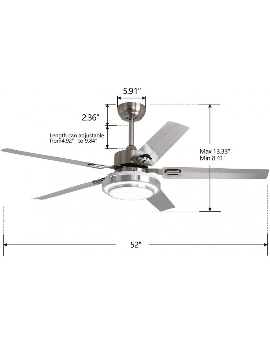 Ceiling Fan with Light and Remote 52 Inch Brushed Nickel Stainless Steel Quiet Reversible Motor and Fan Blades Dimmable LED Light Kit for Indoor Home Decor