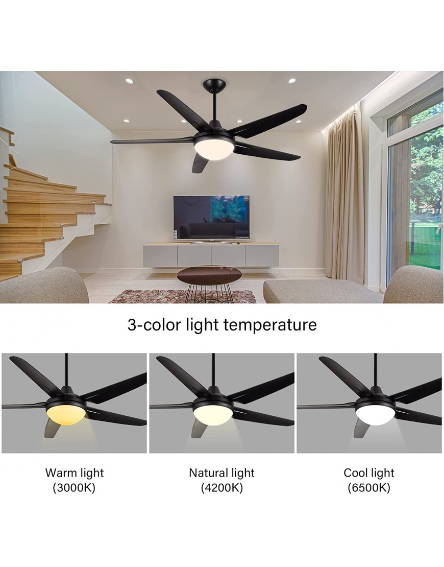Ceiling Fan with Lights for Living Room CJOY 53 Inch Modern Ceiling Fan with 5 Reversible Blades 3000K Remote Controls Black