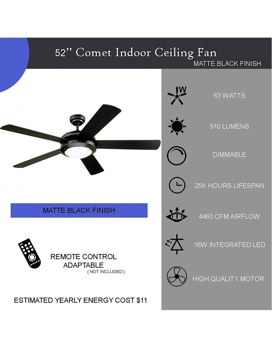 Ciata Lighting 52-Inch Comet Indoor Ceiling Fan with Dimmable LED Light Fixture in Frosted Glass with Reversible Matte Black Marble Blades – 2 Pack