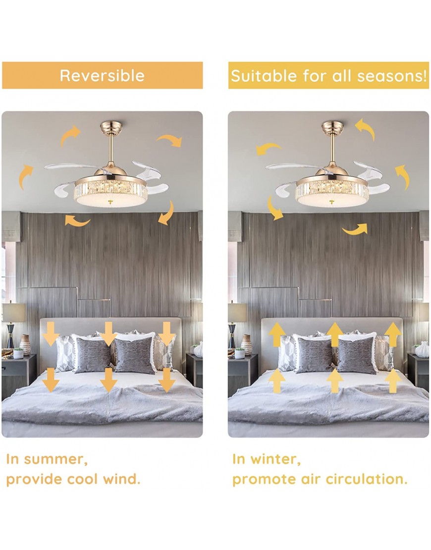 CROSSIO Modern Reversible Dimmable LED Crystal Ceiling Fan Light Gold Retractable Fan Chandelier with Remote for Bedroom Living Room 42 inches