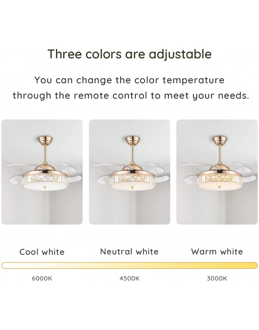 CROSSIO Modern Reversible Dimmable LED Crystal Ceiling Fan Light Gold Retractable Fan Chandelier with Remote for Bedroom Living Room 42 inches