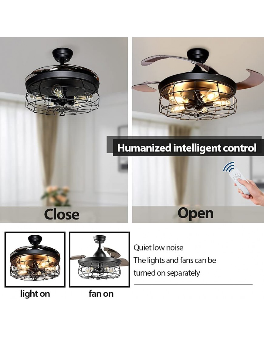 DLLT Ceiling Fan with Lights-42 Industrial Ceiling Fan with Retractable Blades Vintage Cage Ceiling Light Fixture with Remote for Kitchen Dining Room Living Room 5 E26 Bulbs Not Included Black