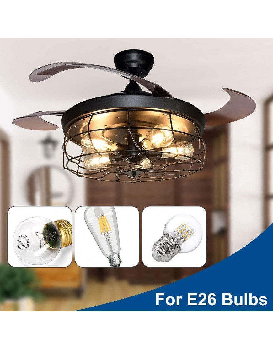 DLLT Ceiling Fan with Lights-42 Industrial Ceiling Fan with Retractable Blades Vintage Cage Ceiling Light Fixture with Remote for Kitchen Dining Room Living Room 5 E26 Bulbs Not Included Black