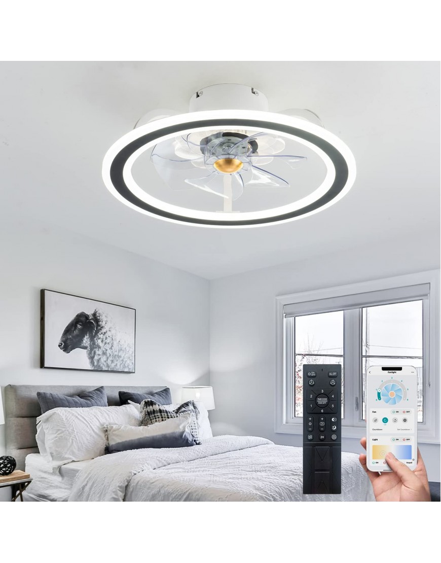 EKIZNSN 2022 Upgraded Modern Bladeless Ceiling Fans Indoor with Light and Remote Control Low Profile Enclosed Fan Light Flush Mount for Small Room Black