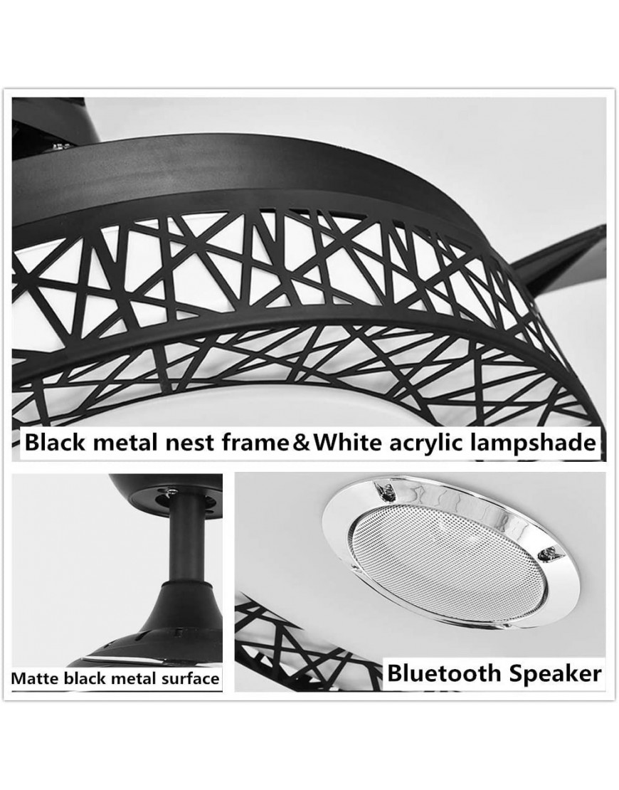 Fandian 42in Modern Smart Ceiling Fan with Lights Bluetooth Speaker Chandelier Lighting Fixtures Remote Control Retractable Blades 3 Light Colors for Living room Bedroom 42in-Black nest