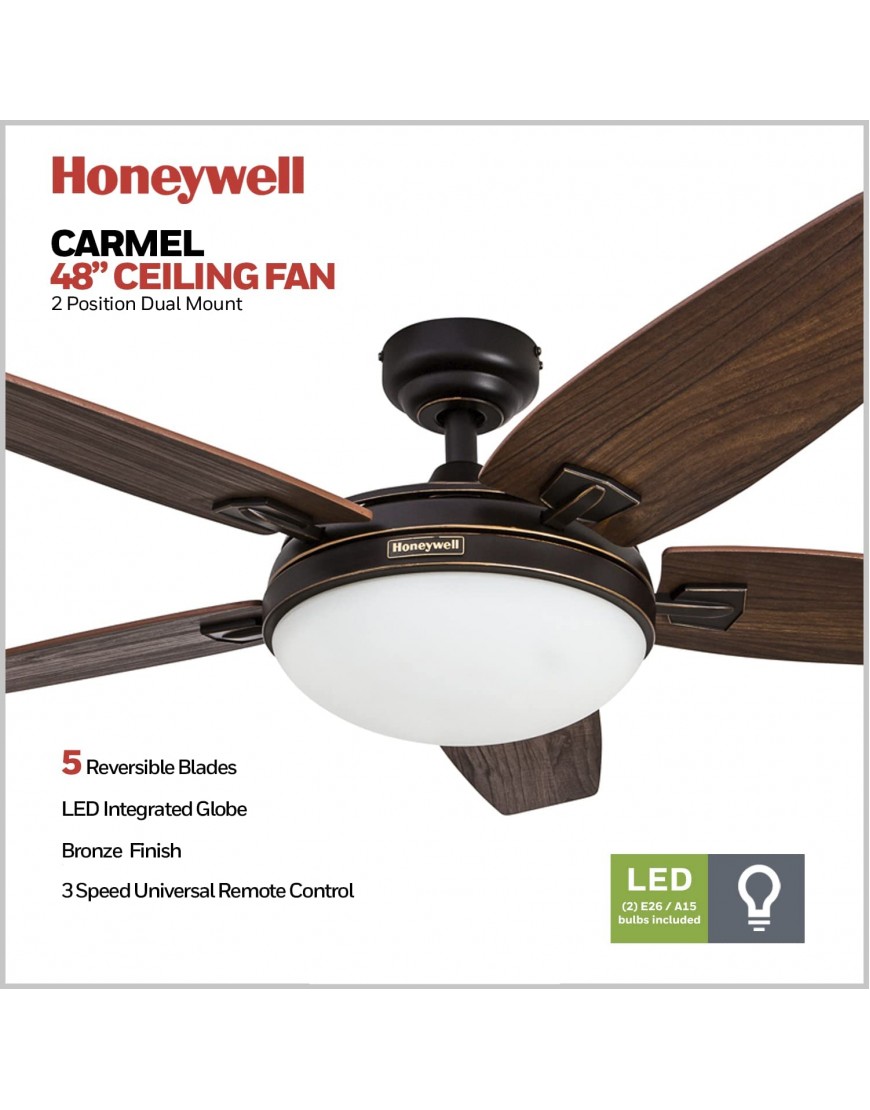 Honeywell Carmel 48-Inch Ceiling Fan with Integrated Light Kit and Remote Control Five Reversible Cimarron Ironwood Blades Bronze