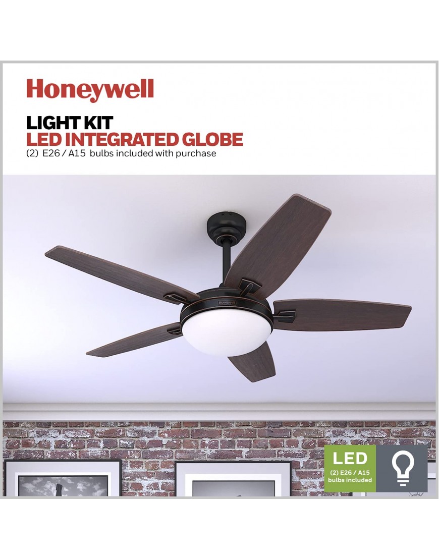 Honeywell Carmel 48-Inch Ceiling Fan with Integrated Light Kit and Remote Control Five Reversible Cimarron Ironwood Blades Bronze