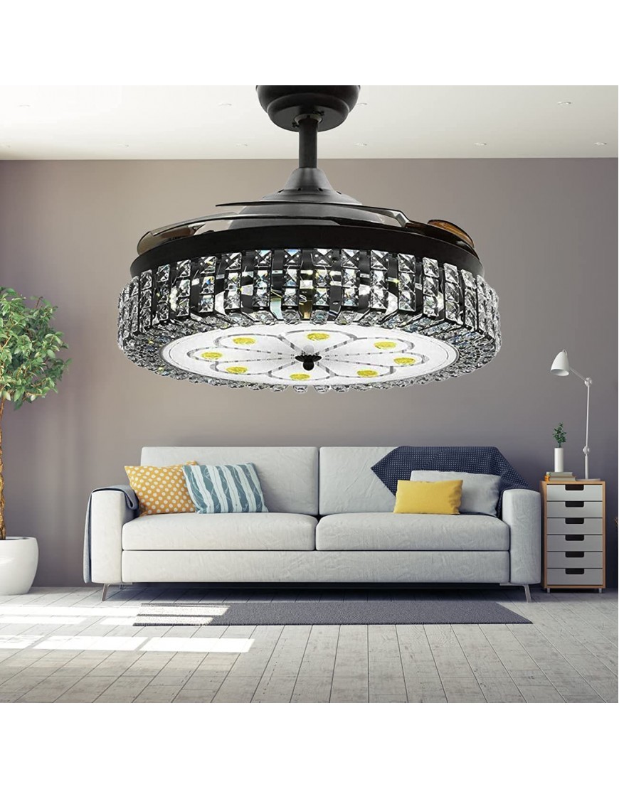 Kankanray 42'' Crystal Chandelier Ceiling Fan with Lights Retractable Ceiling Fan with 3-Color Change and Glass Lampshae Decorative Chandelier Lighting for Living Room Dining Room Bedroom Black