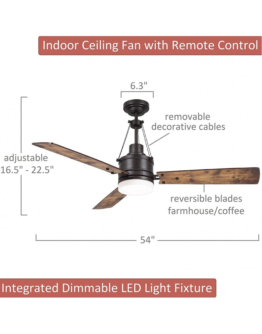 kathy ireland HOME Highpointe LED Ceiling Fan with Remote Control | Modern Industrial Lighting Fixture with 3 Blades 2 Downrods and Removable Decorative Cables | Dimmable Oil Rubbed Bronze 54 Inch