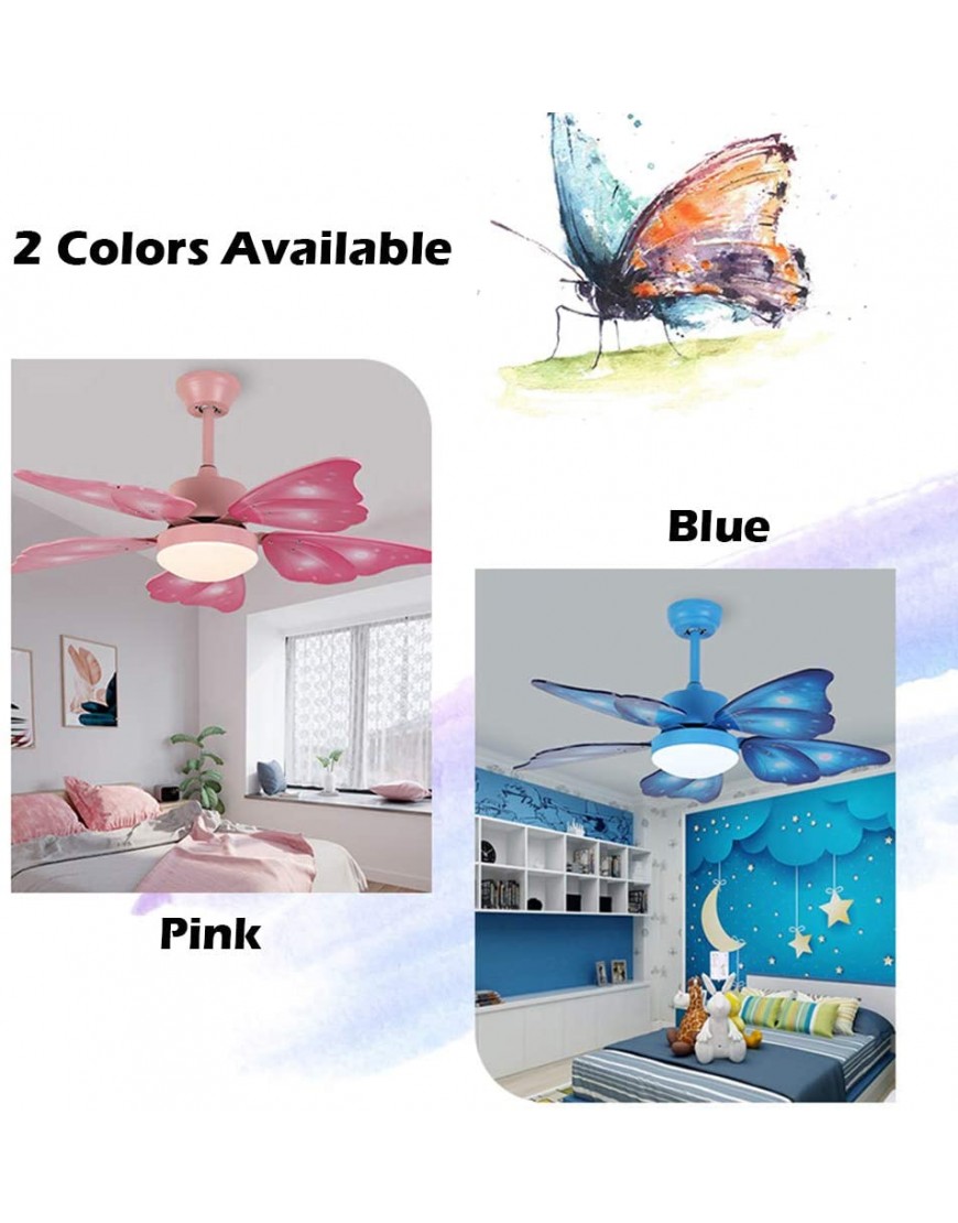 KWOKING Lighting Creative Butterfly Wing Ceiling Light and Fan with Remote Control 5 Blades LED Bedroom Hanging Fan Light Adjustable Speed for Kids Bedrooms Blue