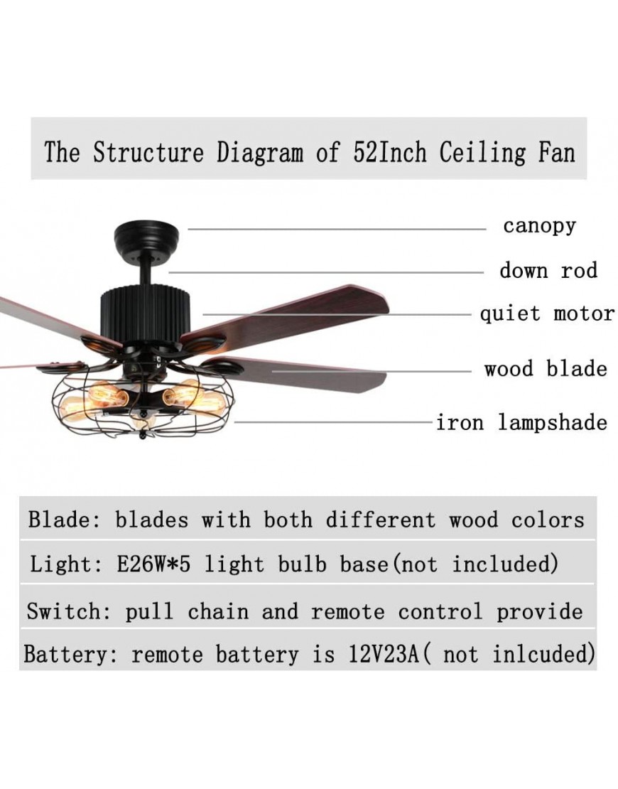 LuxureFan Retro Industrial Ceiling Fan Light for Restaurant Living Room with Create Iron Cage Cover Pull Chain Remote and 5 Reversible Wood Leaves 52Inch