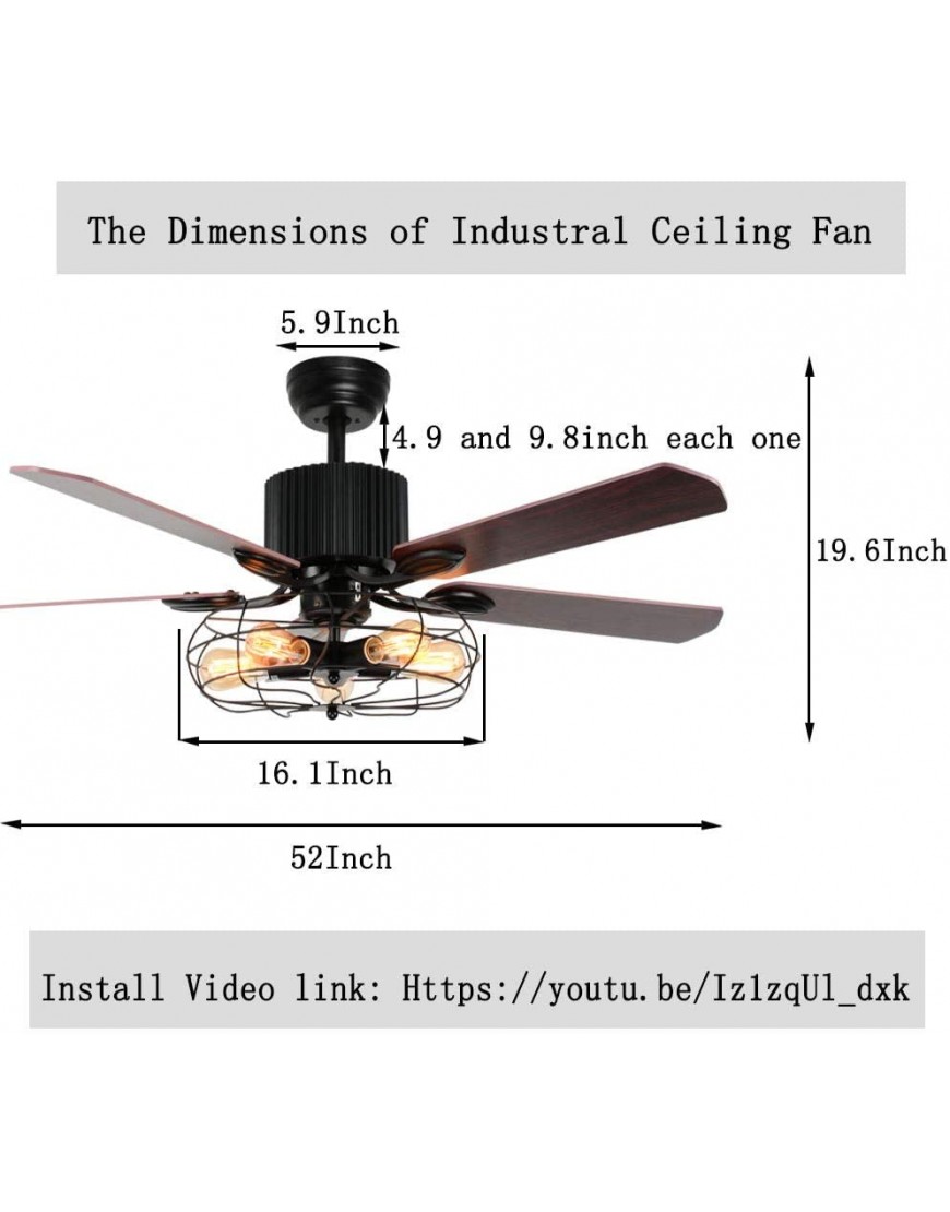 LuxureFan Retro Industrial Ceiling Fan Light for Restaurant Living Room with Create Iron Cage Cover Pull Chain Remote and 5 Reversible Wood Leaves 52Inch