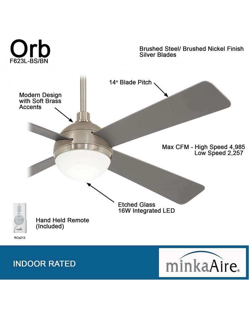 Minka-Aire F623L-BS BN Orb 54 Inch Ceiling Fan with Integrated 16W LED Light in Brushed Steel Brushed Nickel Finish