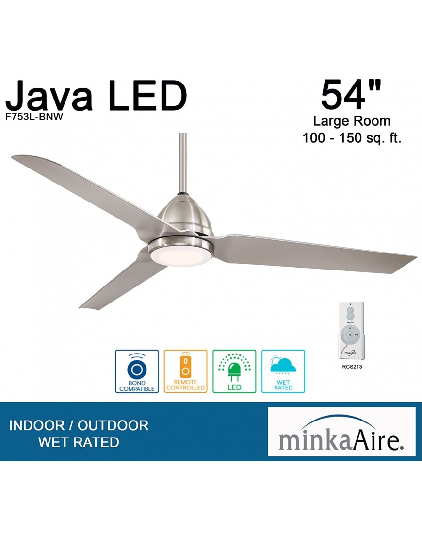 Minka-Aire F753L-BNW Protruding Mount 3 Silver Blades Ceiling fan with 17 watts light Brushed Nickel