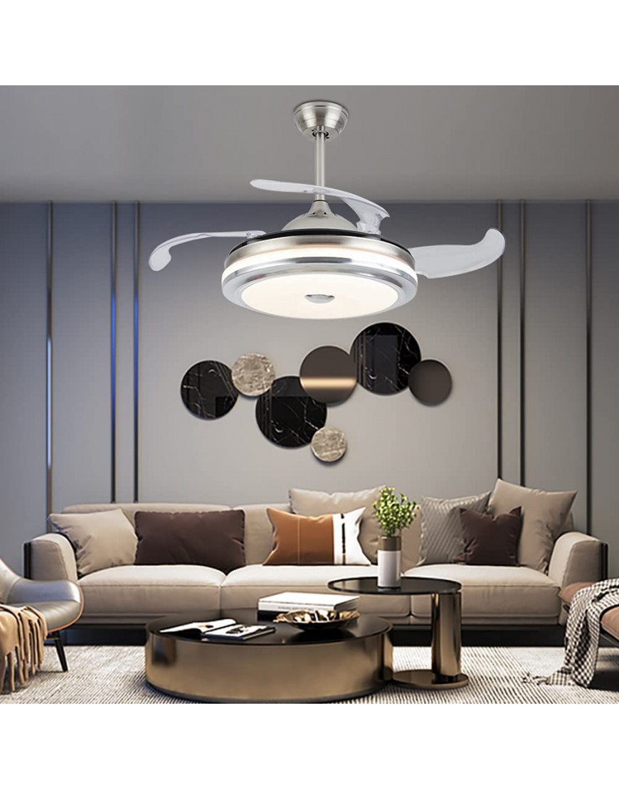 Modern Retractable Ceiling Fan with Light with Remote Control Dimmable LED Chandelier Ceiling Fan Invisible Blades Suitable for Living Room Bedroom Kitchen Dining Room Chrome Silver 42 Inches