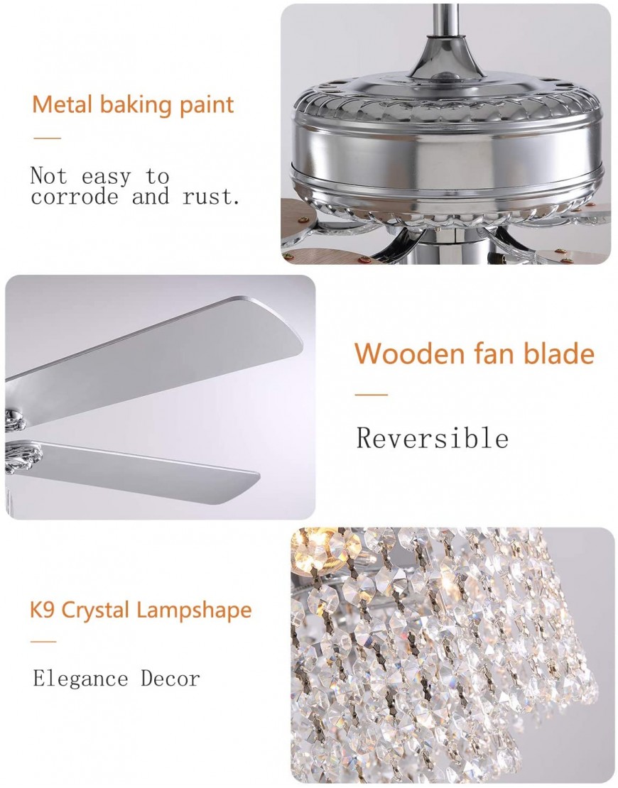 Moooni 52 Inch Modern Reversible Chandelier Fan with Lights and Remote Elegant Crystal Fandelier Ceiling Light KIt for Bedroom Dining Room Silver