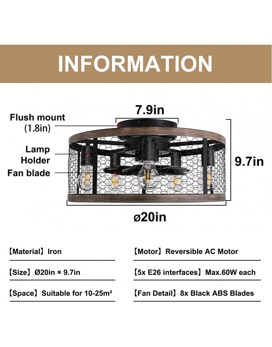 Ohniyou 20'' Flush Mount Caged Ceiling Fan with Lights Remote Control Farmhouse Rustic Low Profile Ceiling Fans with Lights Small Vintage Enclosed Ceiling Fan Lighting Fixture for Bedroom Dining Room