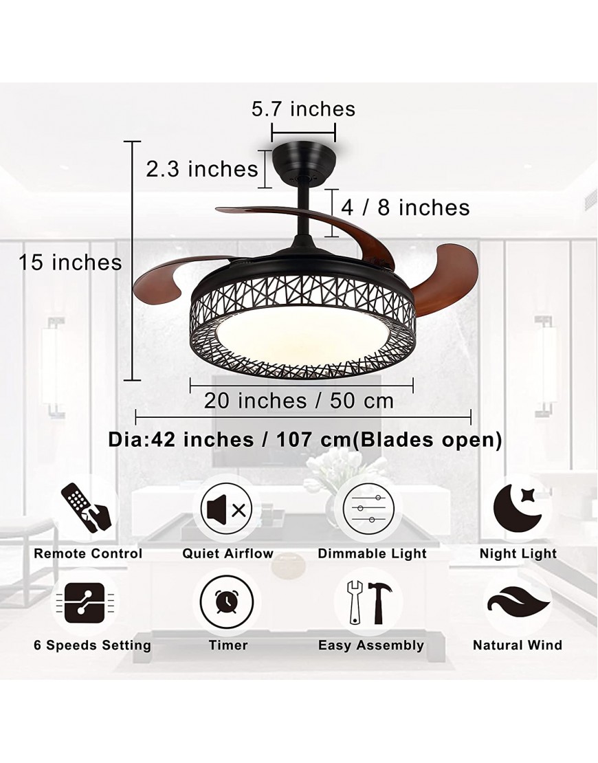 Ohniyou 42'' Retractable Ceiling Fans Indoor with Light and Remote Flush Mount Black Cage Ceiling Fan Light Kit Farmhouse Chandelier LED Lighting Fixture for Living Room Kitchen Dining Room Bedroom
