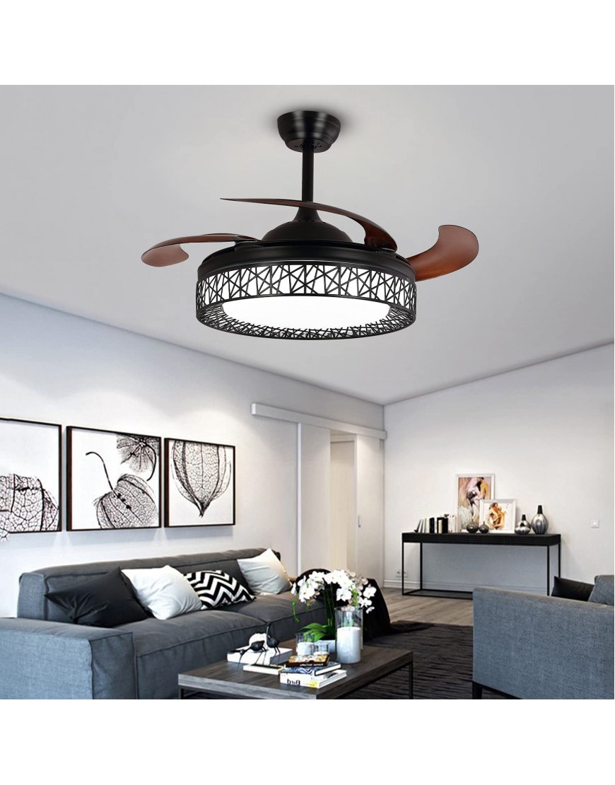 Ohniyou 42'' Retractable Ceiling Fans Indoor with Light and Remote Flush Mount Black Cage Ceiling Fan Light Kit Farmhouse Chandelier LED Lighting Fixture for Living Room Kitchen Dining Room Bedroom