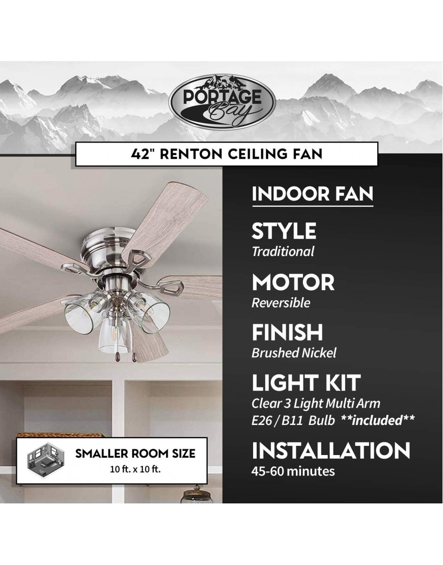 Portage Bay 51437 Renton Ceiling Fan 42 Brushed Nickel