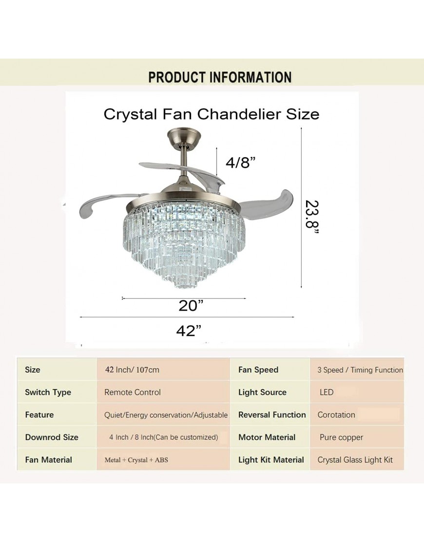 Razaban 42 Crystal Chandelier Ceiling Fan Modern Retractable Ceiling Fan Lights with Remote 6-layer Crystal Fandelier 3 Speeds 3 Colors Ceiling Fan Lighting Fixture For Living Room Bedroom Restaurant