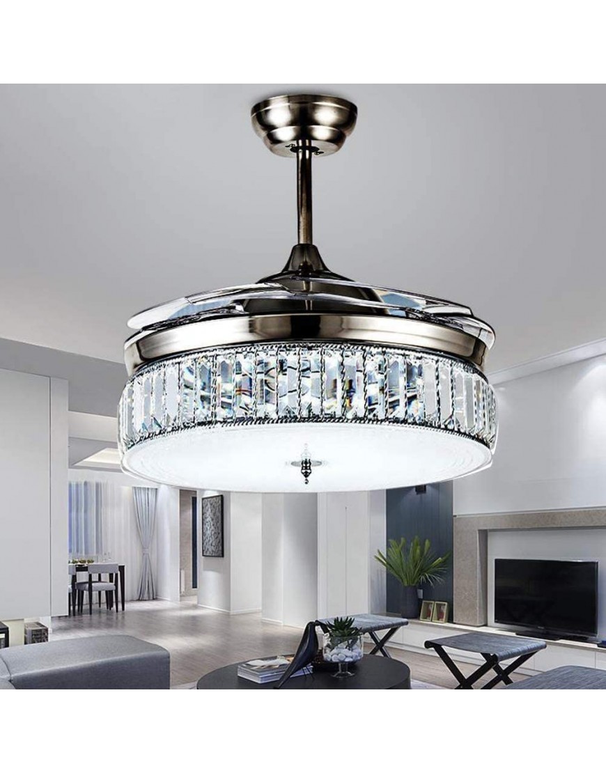 Retractable Crystal Ceiling Fans Light with Remote Control 4-Blade Invisible Ceiling Fan Chandelier Art Decoration 36 inch Silver
