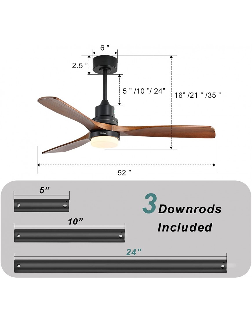Sofucor 52 Inch Wood Ceiling Fan With Lights Remote Control Dimmable LED Light 3 Walnut Fan Blades Reversible AC Motor Modern Ceiling Fan with 3 Downrods5 inch 10 inch 24 inch for Farmhouse Patios