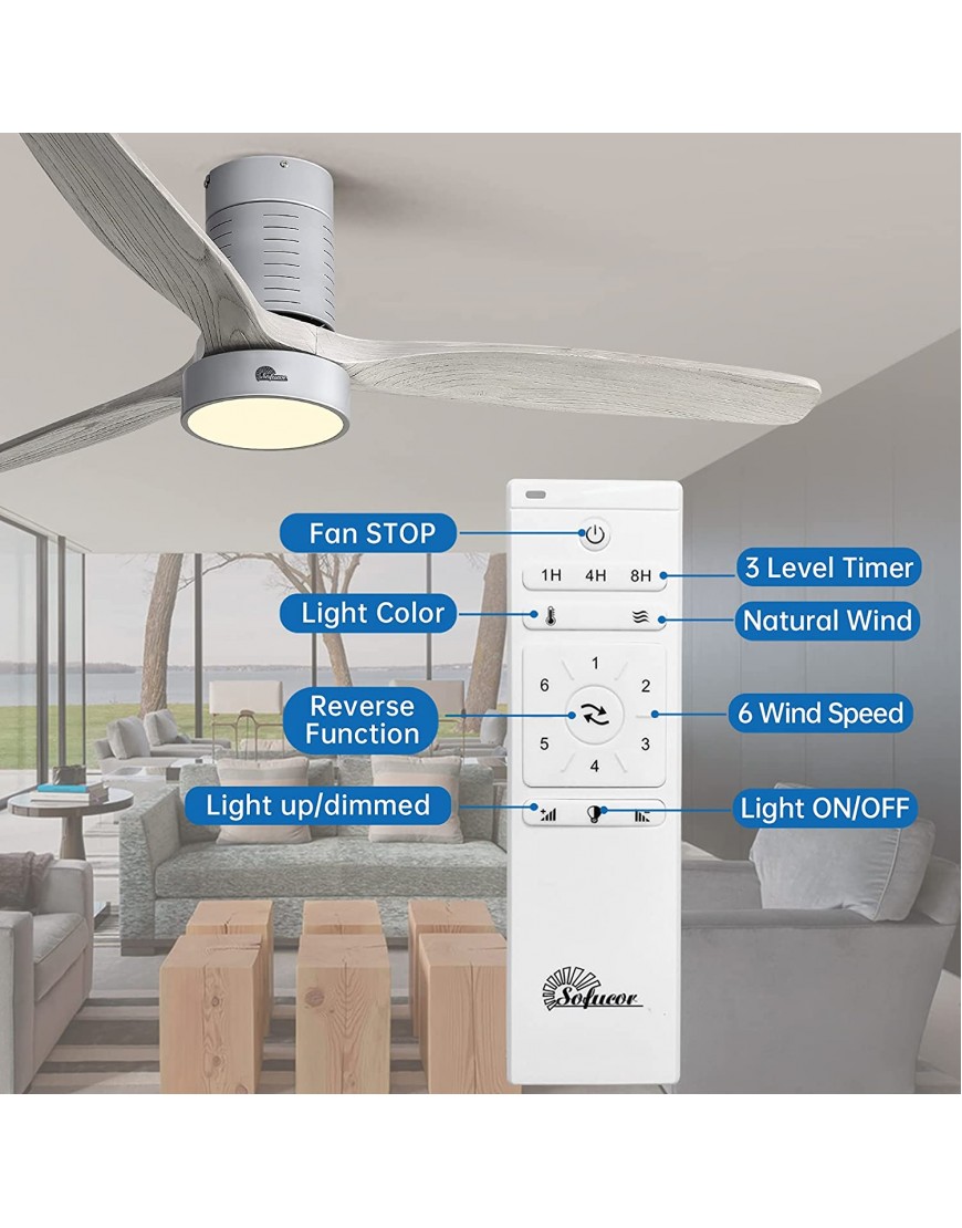 Sofucor 52 Wood Flush Mount Ceiling Fan Indoor with Light Remote Control Dimming Lighting Quiet Energy Saving with 6-Speed Timer Silver Solid Wooden