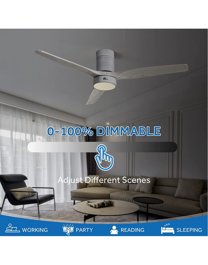 Sofucor 52 Wood Flush Mount Ceiling Fan Indoor with Light Remote Control Dimming Lighting Quiet Energy Saving with 6-Speed Timer Silver Solid Wooden