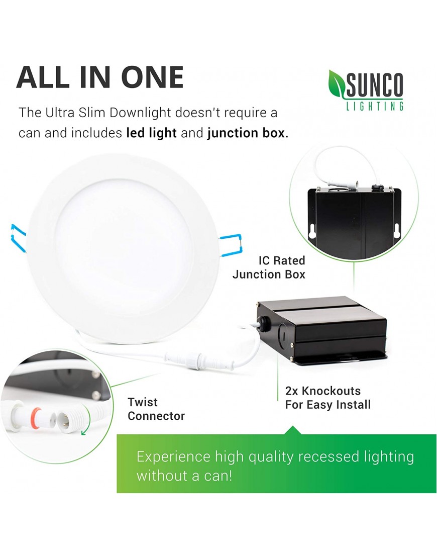 Sunco Lighting 16 Pack 6 Inch Ultra Thin LED Recessed Ceiling Lights Slim 5000K Daylight Dimmable 14W=100W 850 LM Smooth Trim Damp Rated Canless Wafer Thin with Junction Box ETL & Energy Star