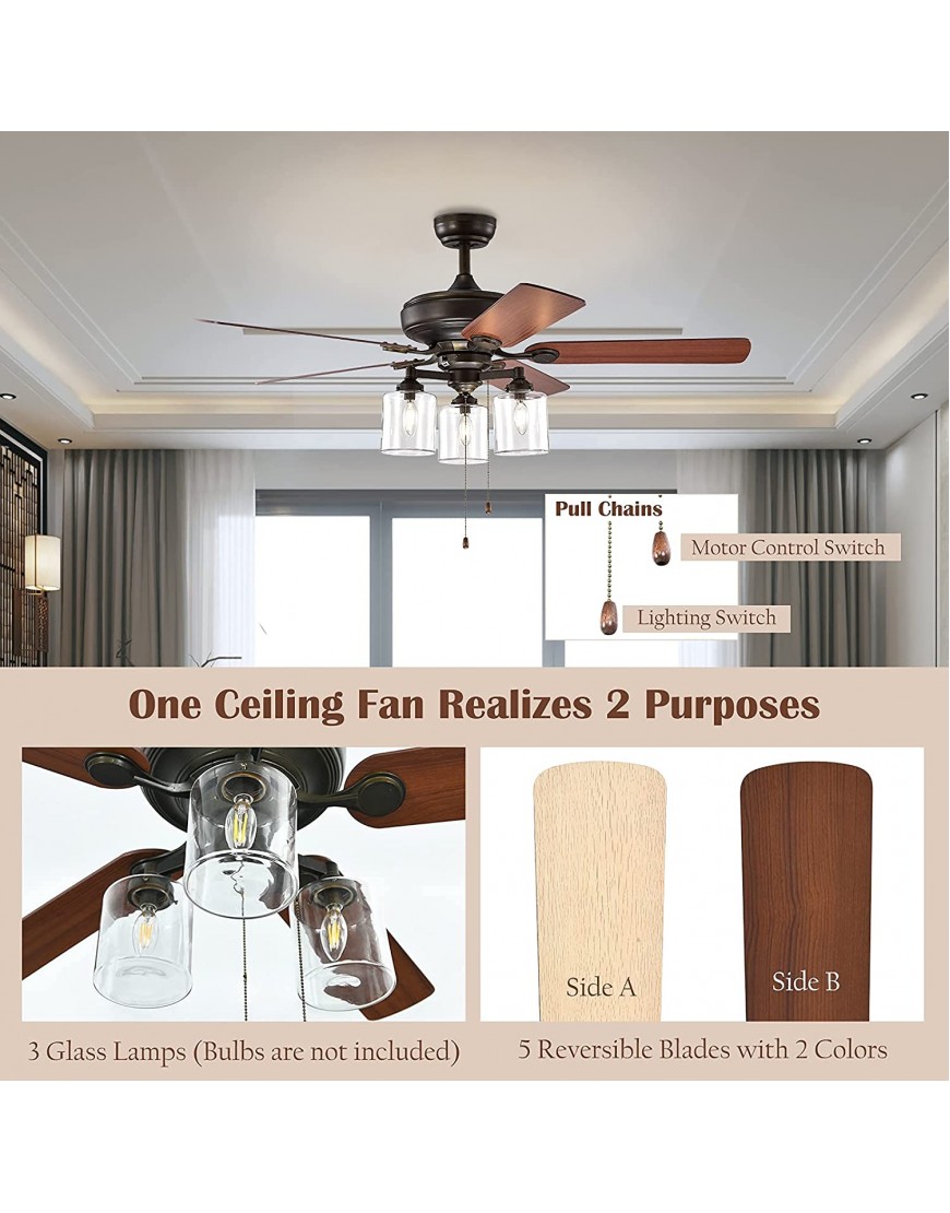 Tangkula Ceiling Fan with Lights 52 Inch Industrial Pull Chain Ceiling Fan with Lighting Reversible Motor and 5 Blades 3-Speed Adjustable 3 Clear Glass Lights ETL Listed Bronze Finished