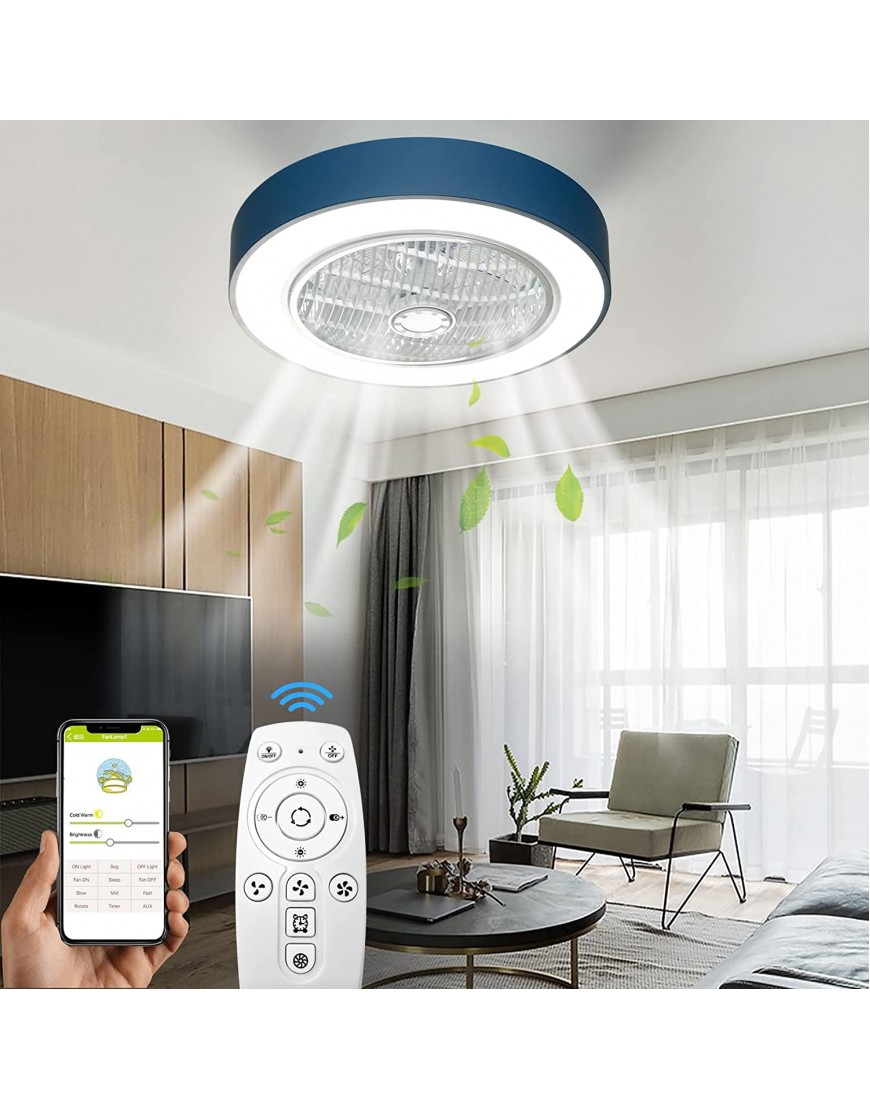 TC-Home Ceiling Fan with LED light Invisible Blades 22 inches Morden Blue Lighting Color Changing Close to Ceiling Chandelier Fan