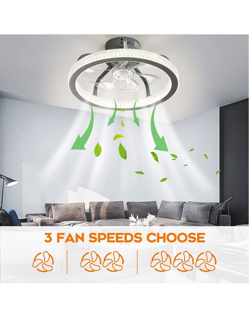 TC-HOMENY 18.5 Ceiling Fan Light Kit LED Transparent Blades Lighting Color Change Grey Morden Style Flush Mounted