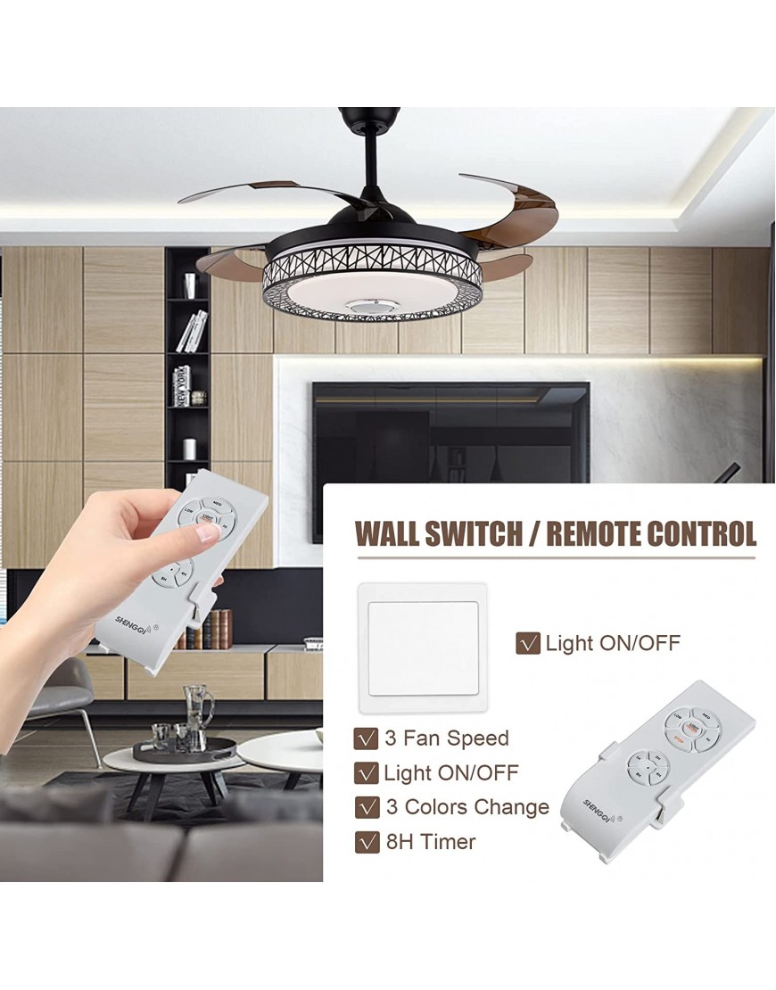 TFCFL 42 Modern Ceiling Fan Lights with Bluetooth Dimmable Retractable Chandelier Lighting Fixture Acrylic with Music Player Remote Control Bird Nest Fandelier Fan for Bedroom Dining Room Black