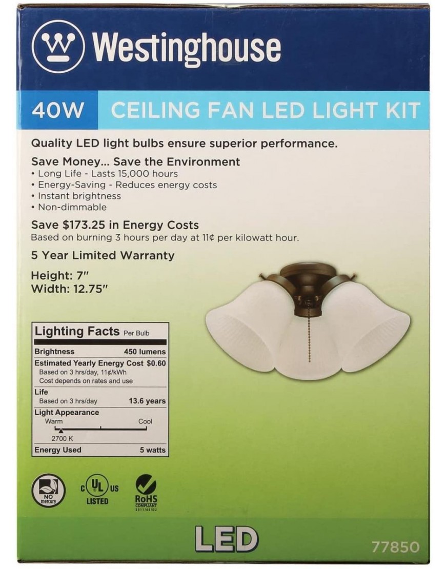 Westinghouse Lighting 7785000 Three-Light Led Cluster Ceiling Fan Light Kit Oil Rubbed Bronze Finish with Frosted Ribbed Glass